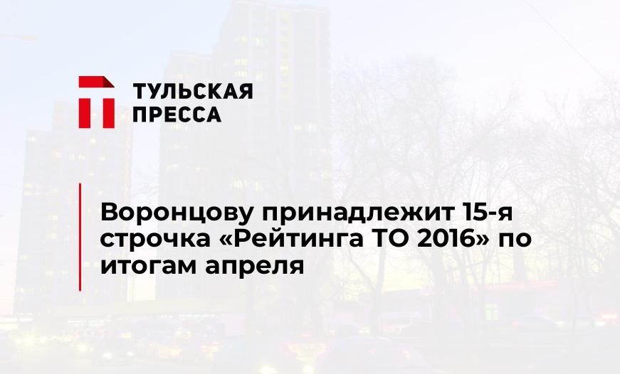 Воронцову принадлежит 15-я строчка "Рейтинга ТО 2016" по итогам апреля