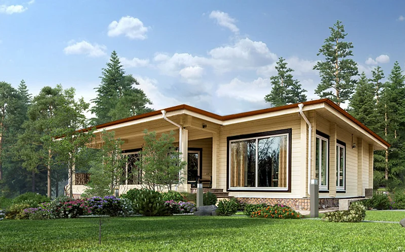 Проект одноэтажного дома с террасой и панорамными окнами из бруса
